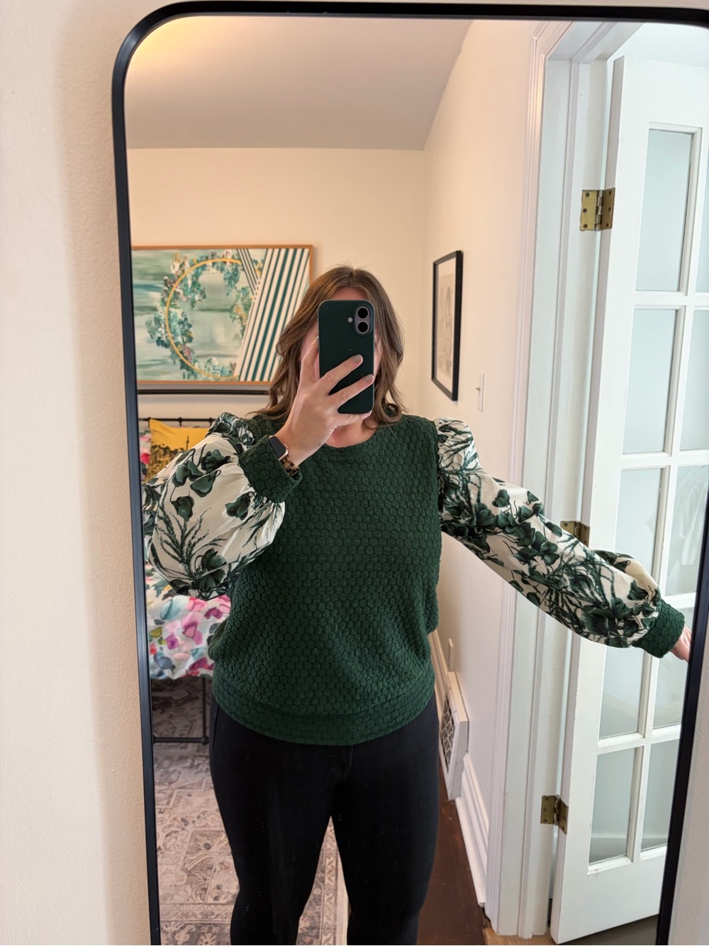 Green Floral Puff-Sleeve Sweater